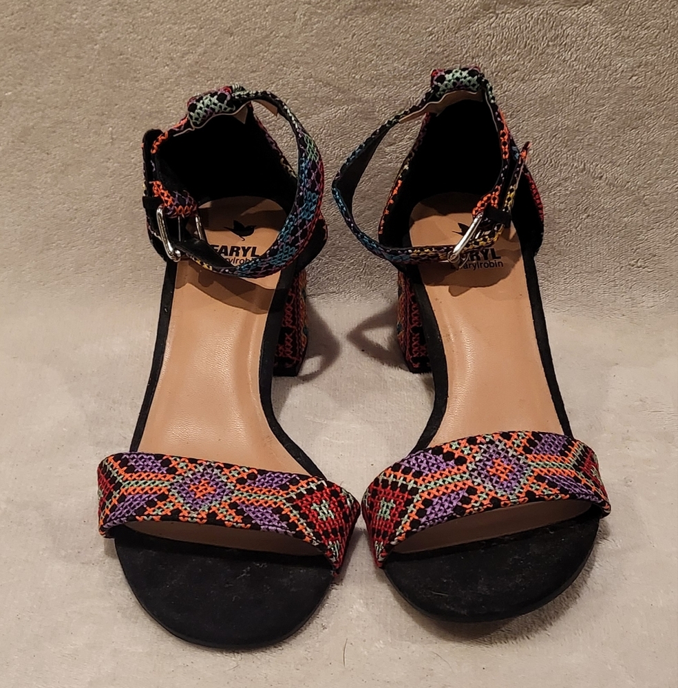 Farylrobin Colorful Patterned Woven Heels Worn 1x